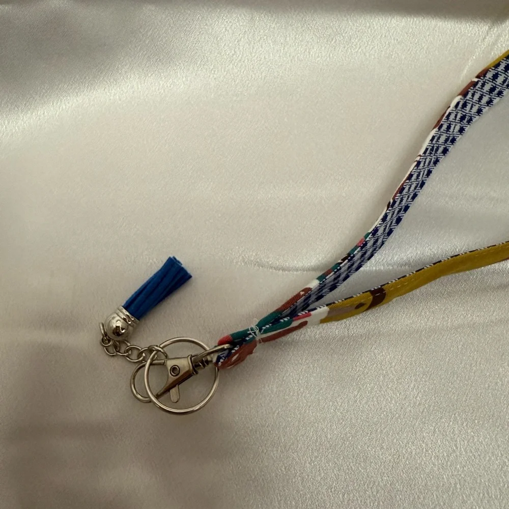Handmade Plaid Cats Wristlet Keychain with Navy Blue Tassel